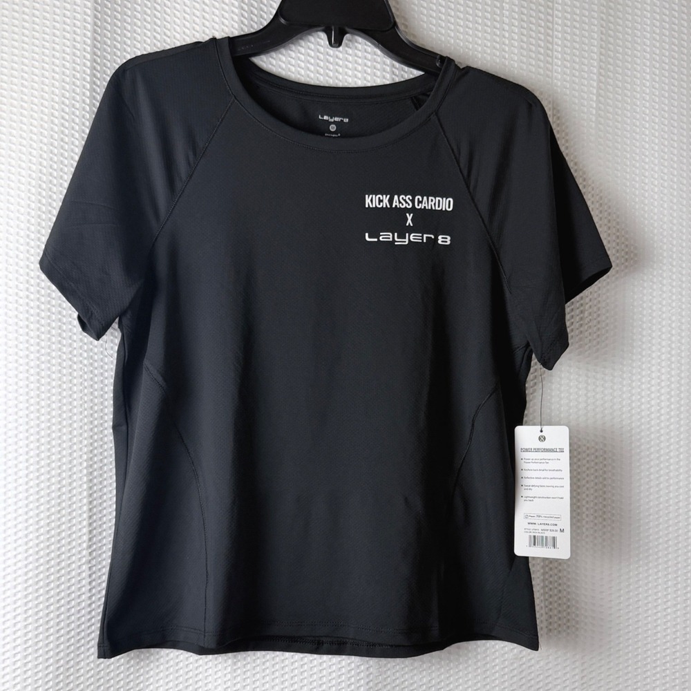 Layer 8 Power Performance Tee Womens Medium‎ Black Graphic Cardio Gym Shirt NEW